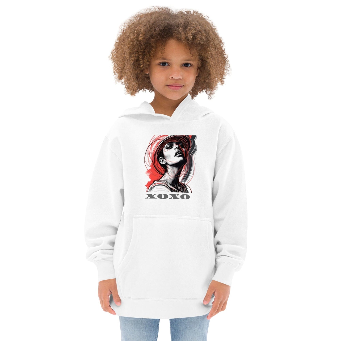Child in Off White luxury hoodie featuring editorial sketch of a girl with bold red brush detail and “XOXO” print ccanvas