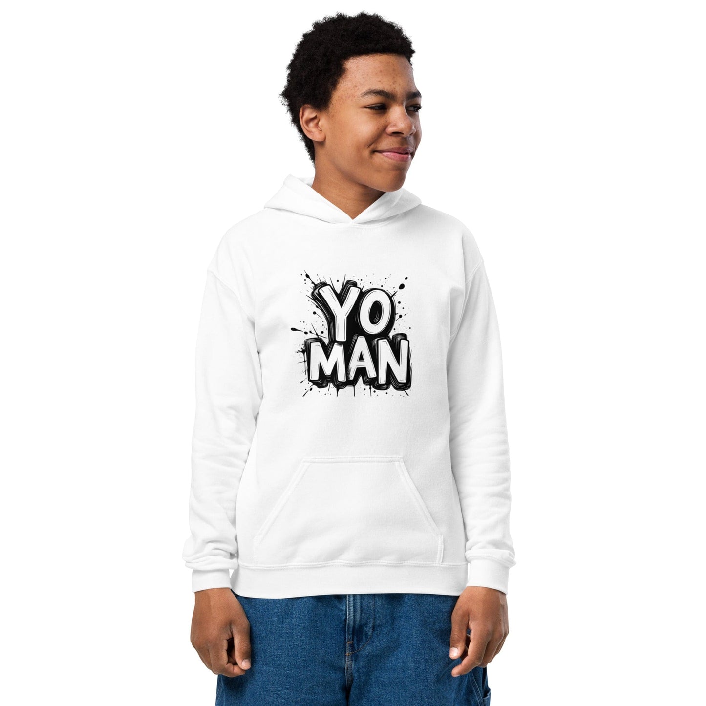Teen smiling in Off White hoodie with bold black “YO MAN!” graffiti lettering and ink splatter graphic ccanvas