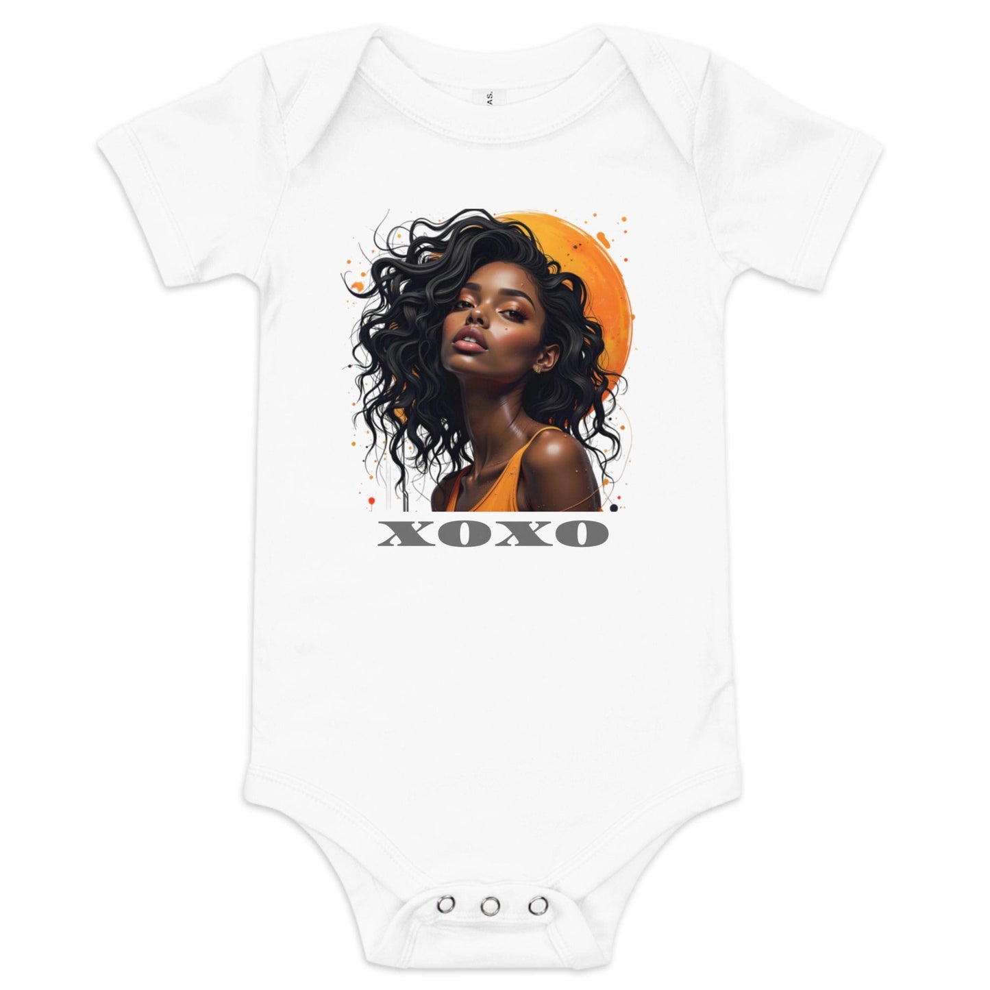 Off White baby onesie with crowned cat illustration and oversized sunglasses in playful royal style