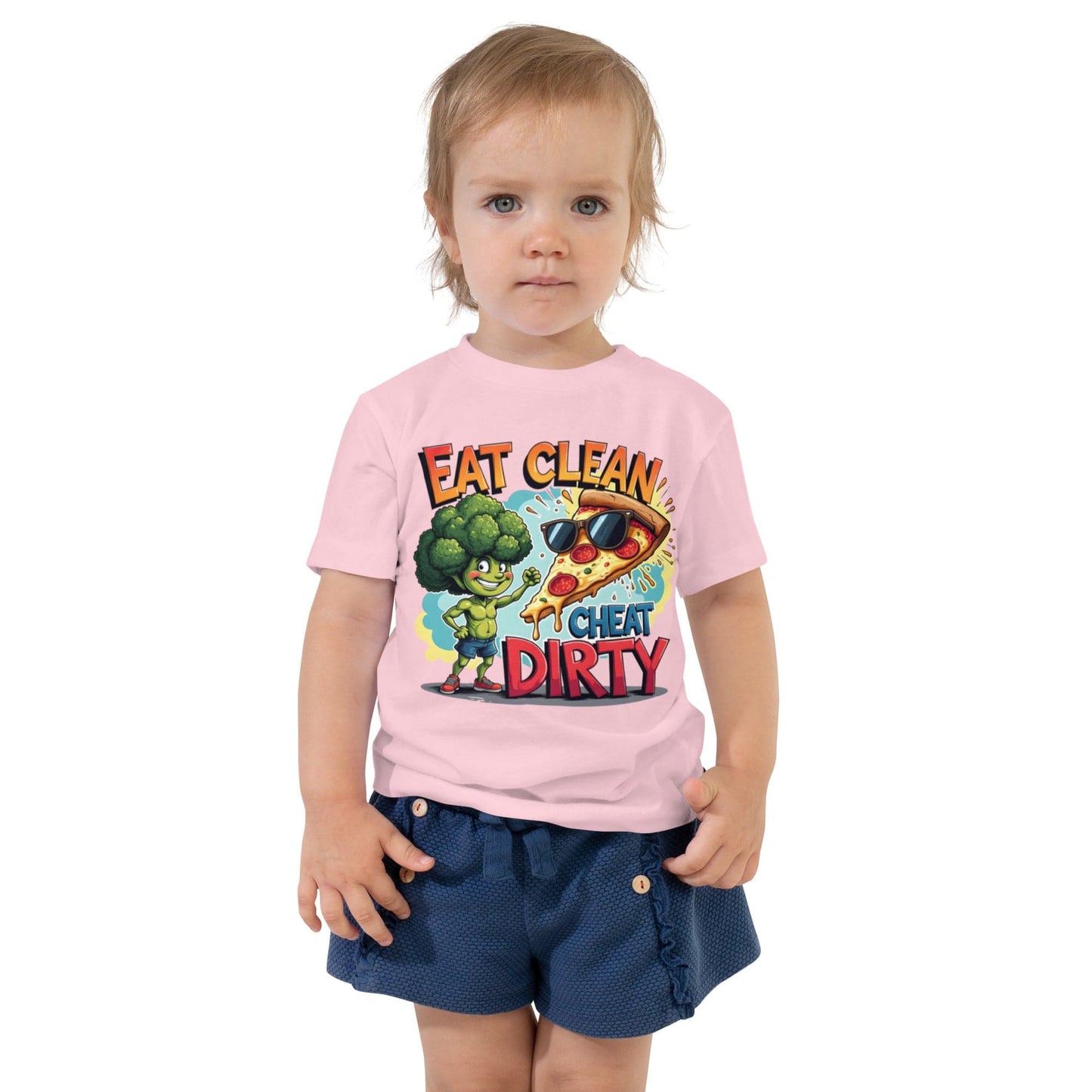 Eat Clean Cheat Dirty Toddler T-Shirt with Funny Broccoli & Pizza Cartoon | ccanvas - Kids T-Shirts | Ccanvas