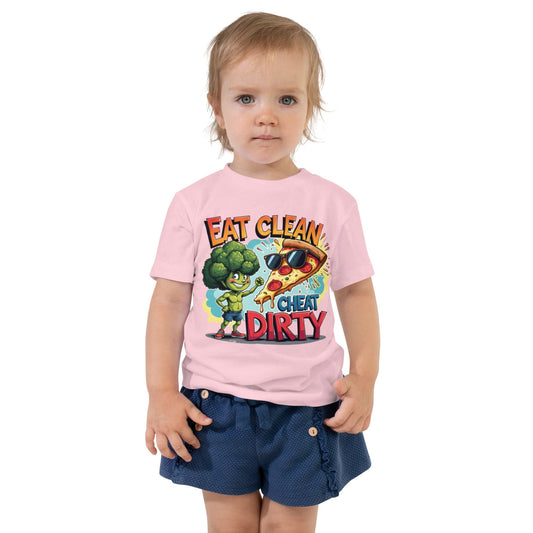 Eat Clean Cheat Dirty Toddler T-Shirt with Funny Broccoli & Pizza Cartoon | ccanvas - Kids T-Shirts | Ccanvas