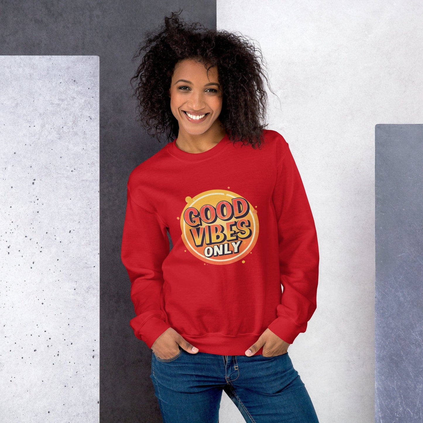 Smiling woman wearing red sweatshirt with bold retro Good Vibes Only graphic design – ccanvas