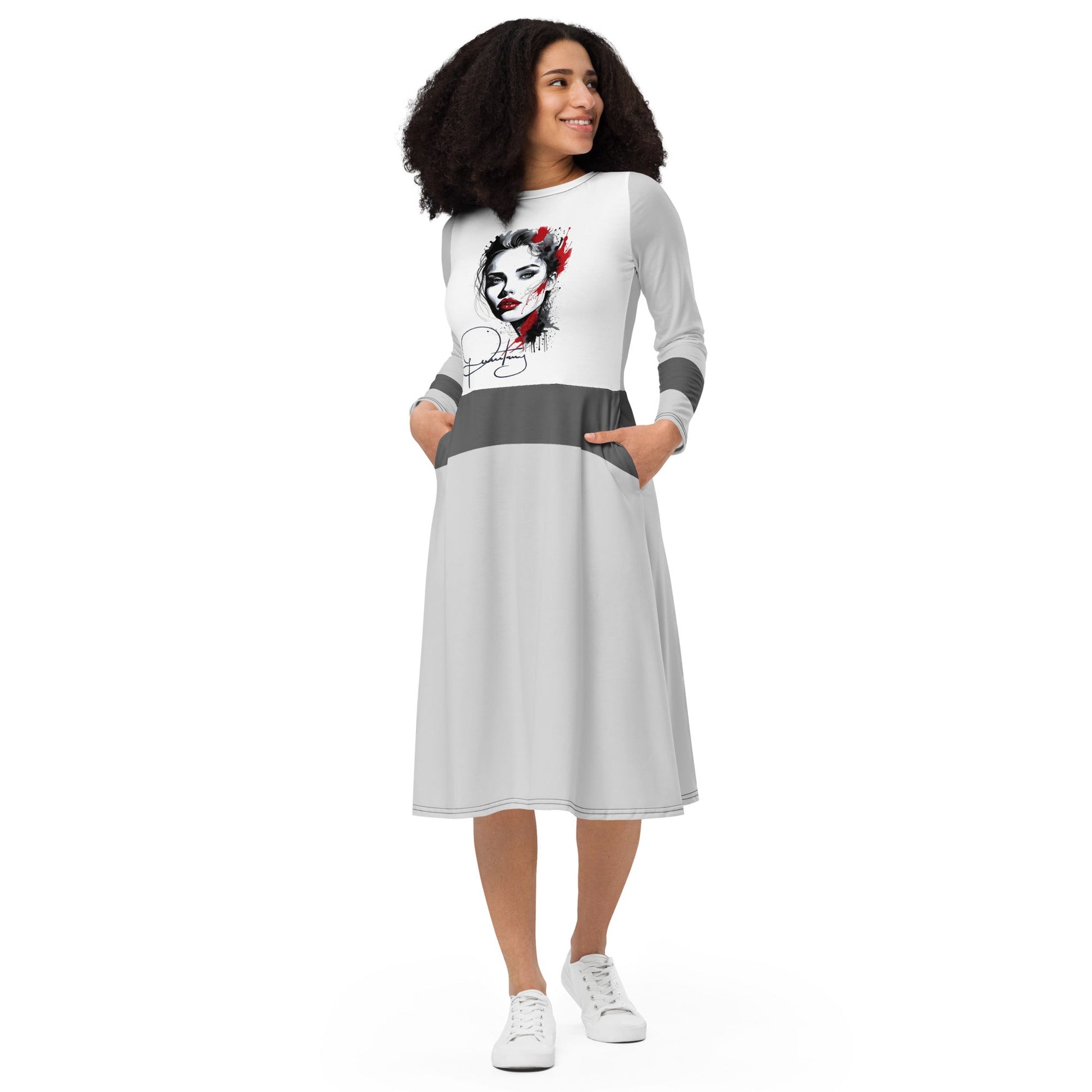 Woman wearing grey and white dress with red lips portrait print and signature art – ccanvas