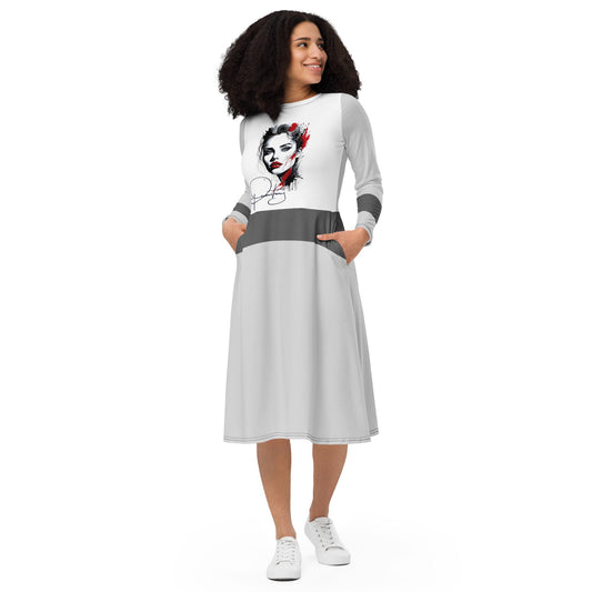 Woman wearing grey and white dress with red lips portrait print and signature art – ccanvas