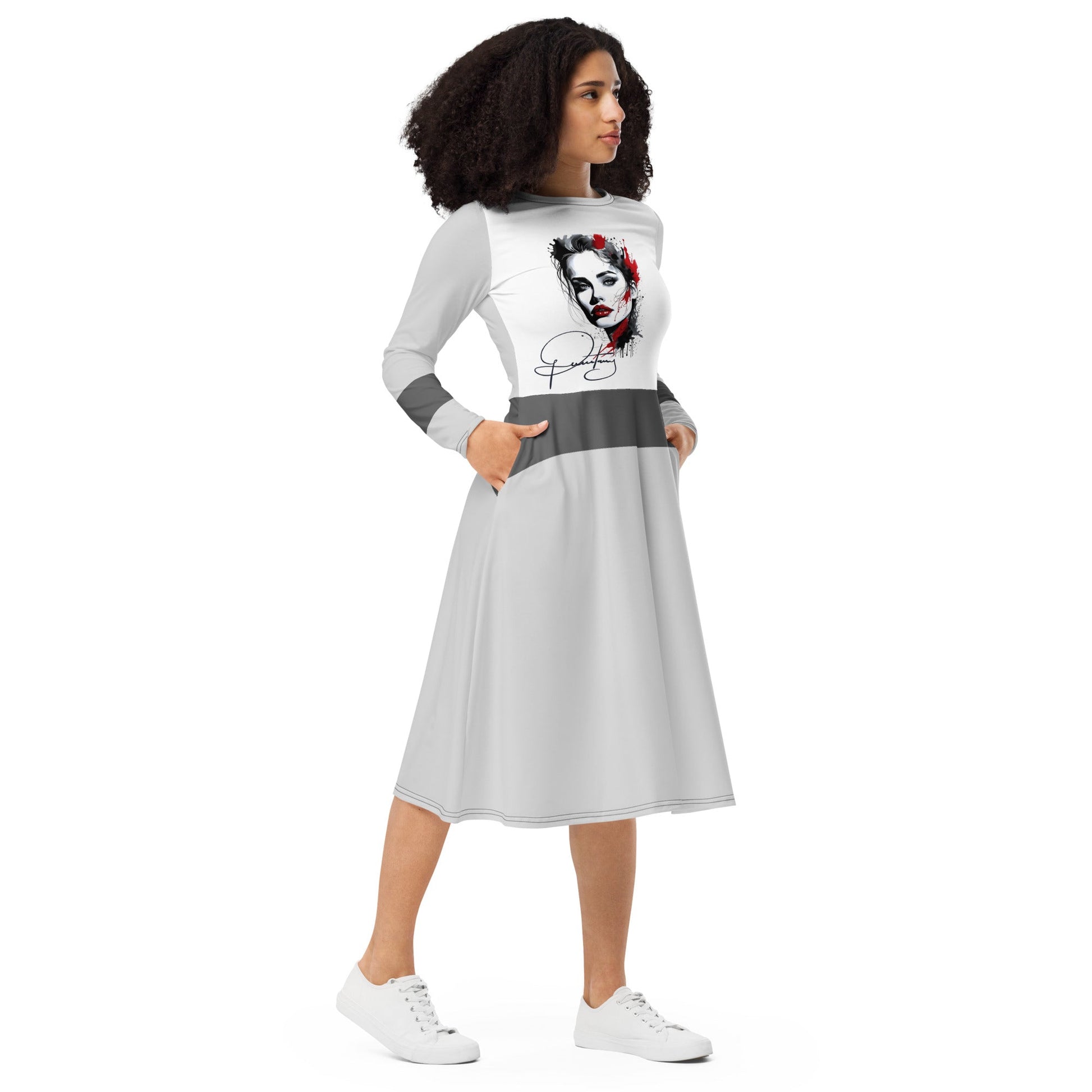 Woman wearing grey and white dress with red lips portrait print and signature art – ccanvas Vs 2