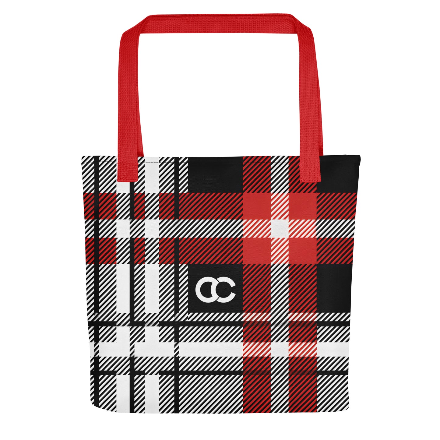 Red and black plaid tartan pattern tote bag with oversized red handles and white CC monogram on heavyweight canvas by CCANVAS.