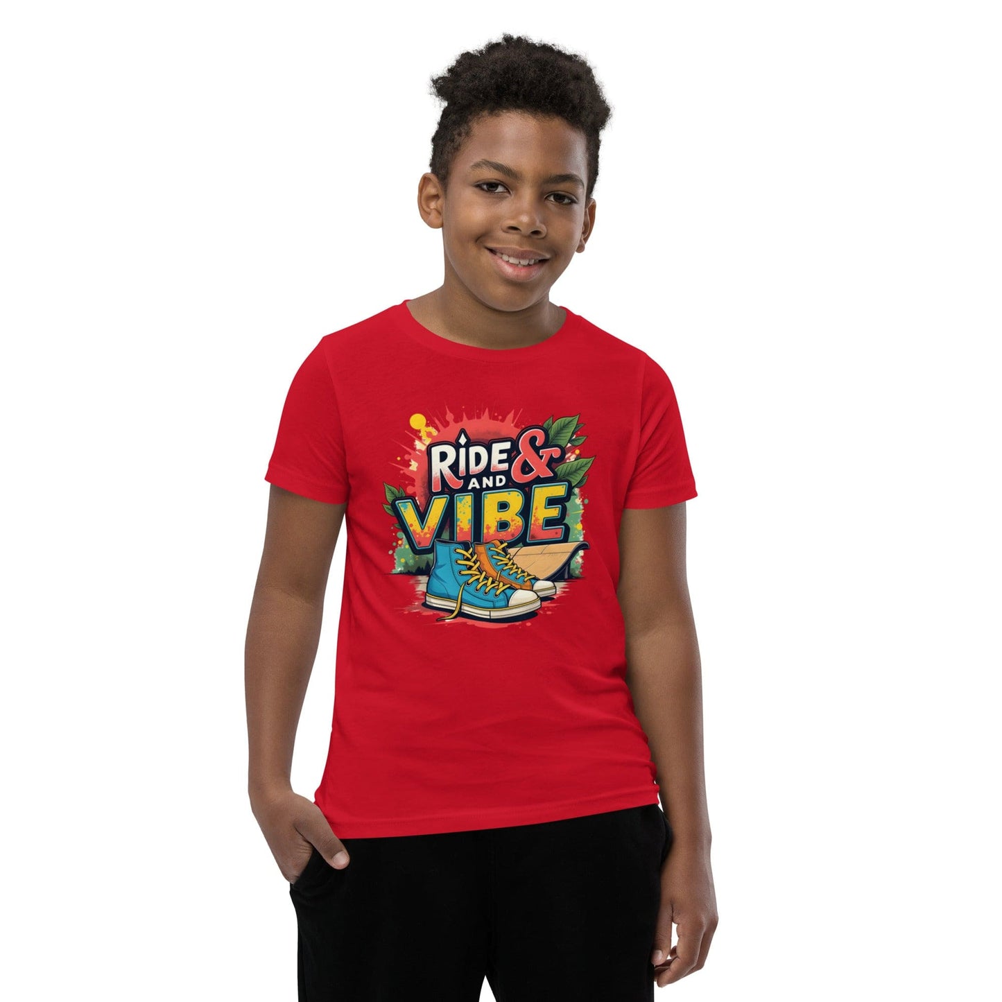 Boy wearing red T-shirt with “Ride & Vibe” graffiti print, high-top shoes and skateboard over colorful splash – ccanvas