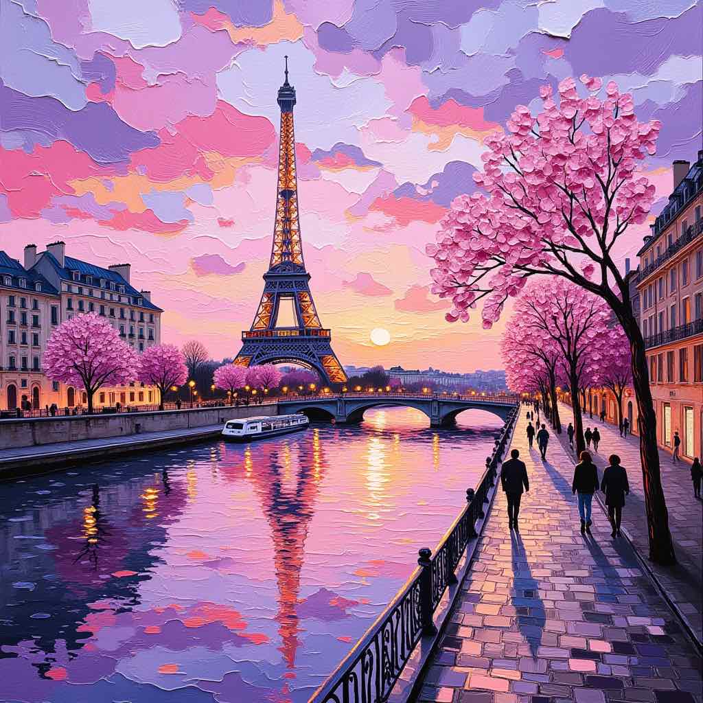 Eiffel Tower digital print with cherry blossoms – romantic Paris wall art download