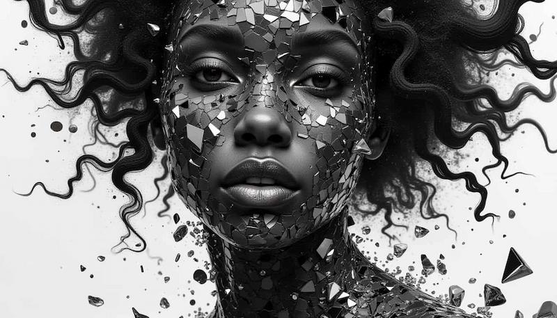 Black and white digital portrait of a woman with shattered glass texture and abstract swirling hair design – ccanvas