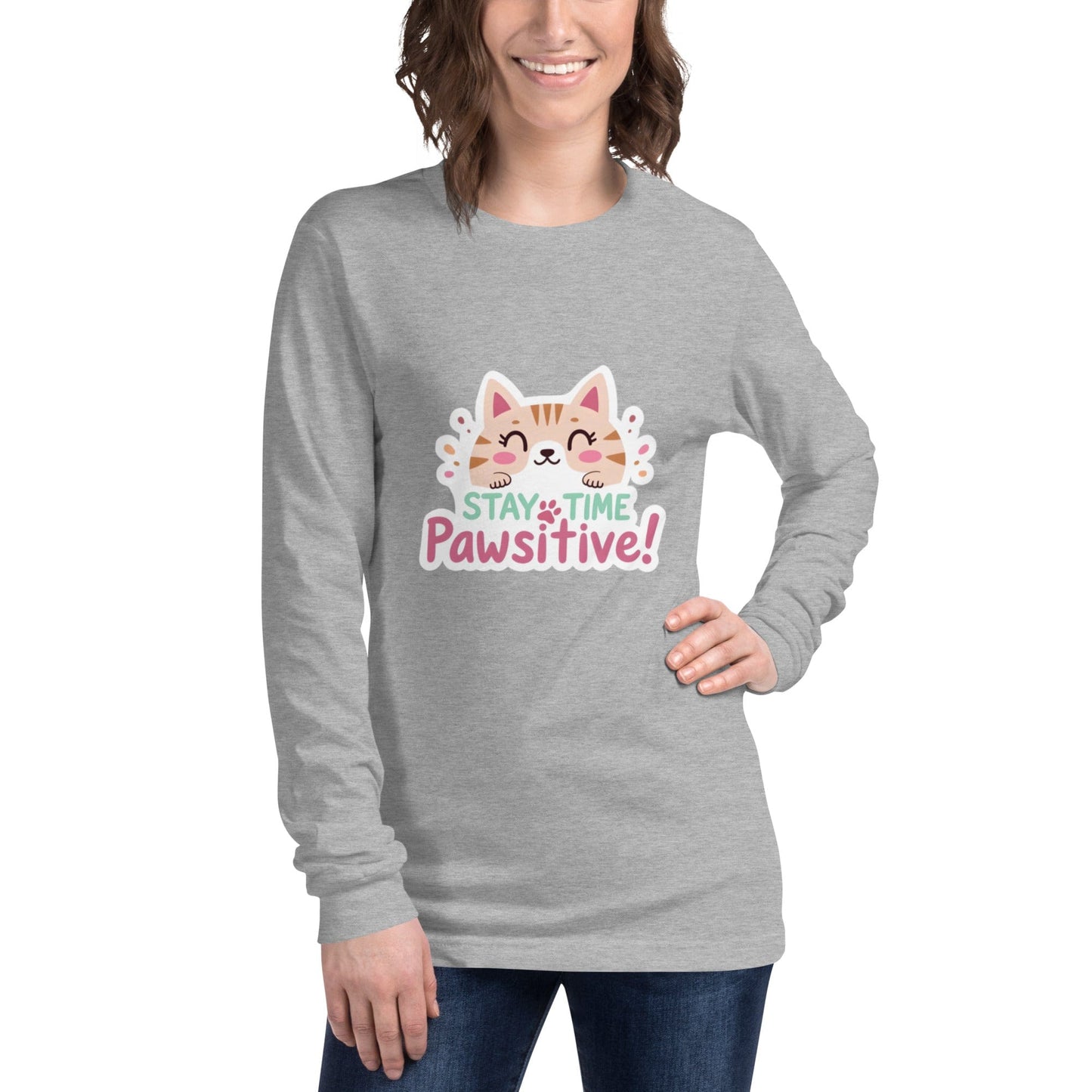 Stay Pawsitive Long - Sleeve Shirt - Cute Cat Lover Tee | ccanvas - T-Shirt | Ccanvas