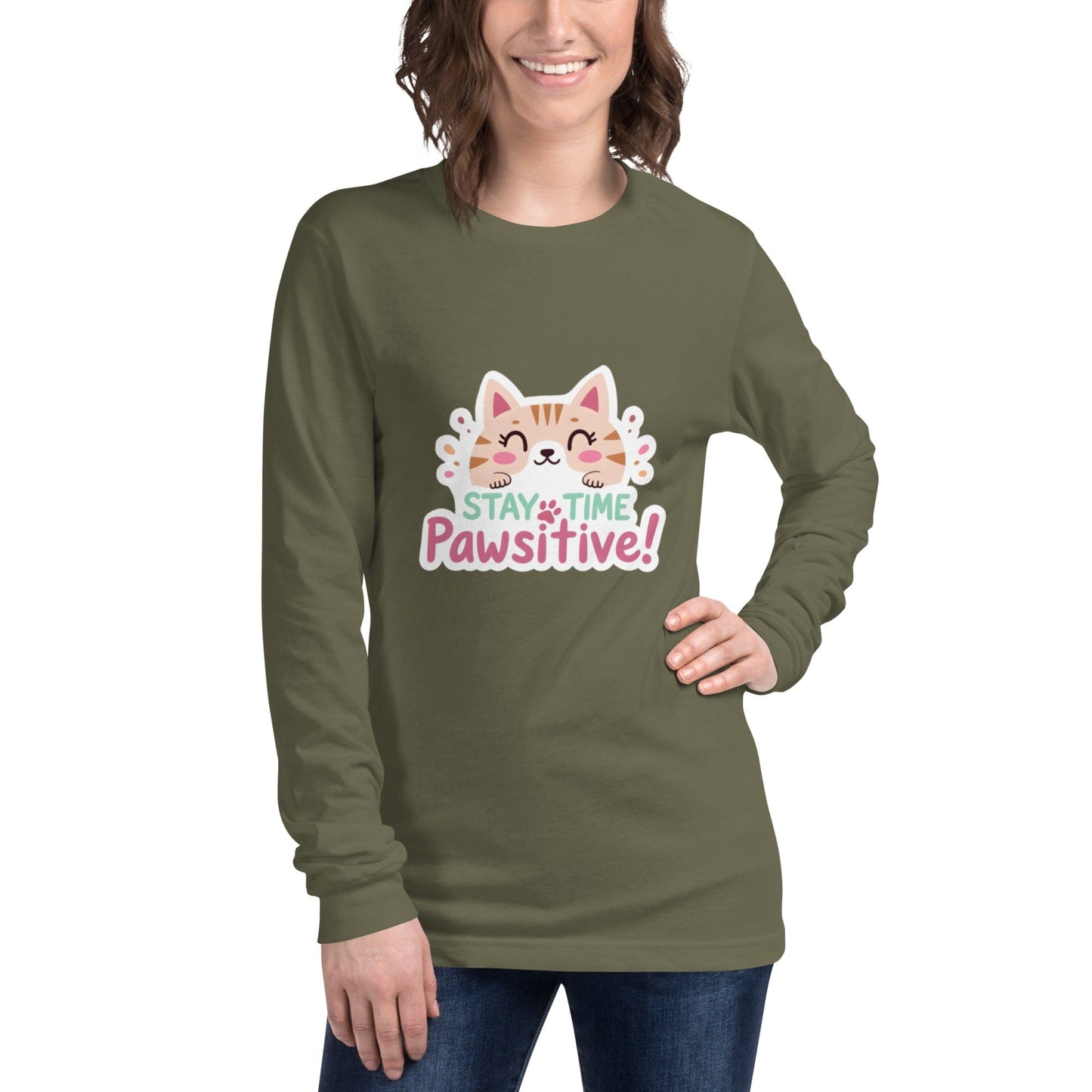 Stay Pawsitive Long - Sleeve Shirt - Cute Cat Lover Tee | ccanvas - T-Shirt | Ccanvas