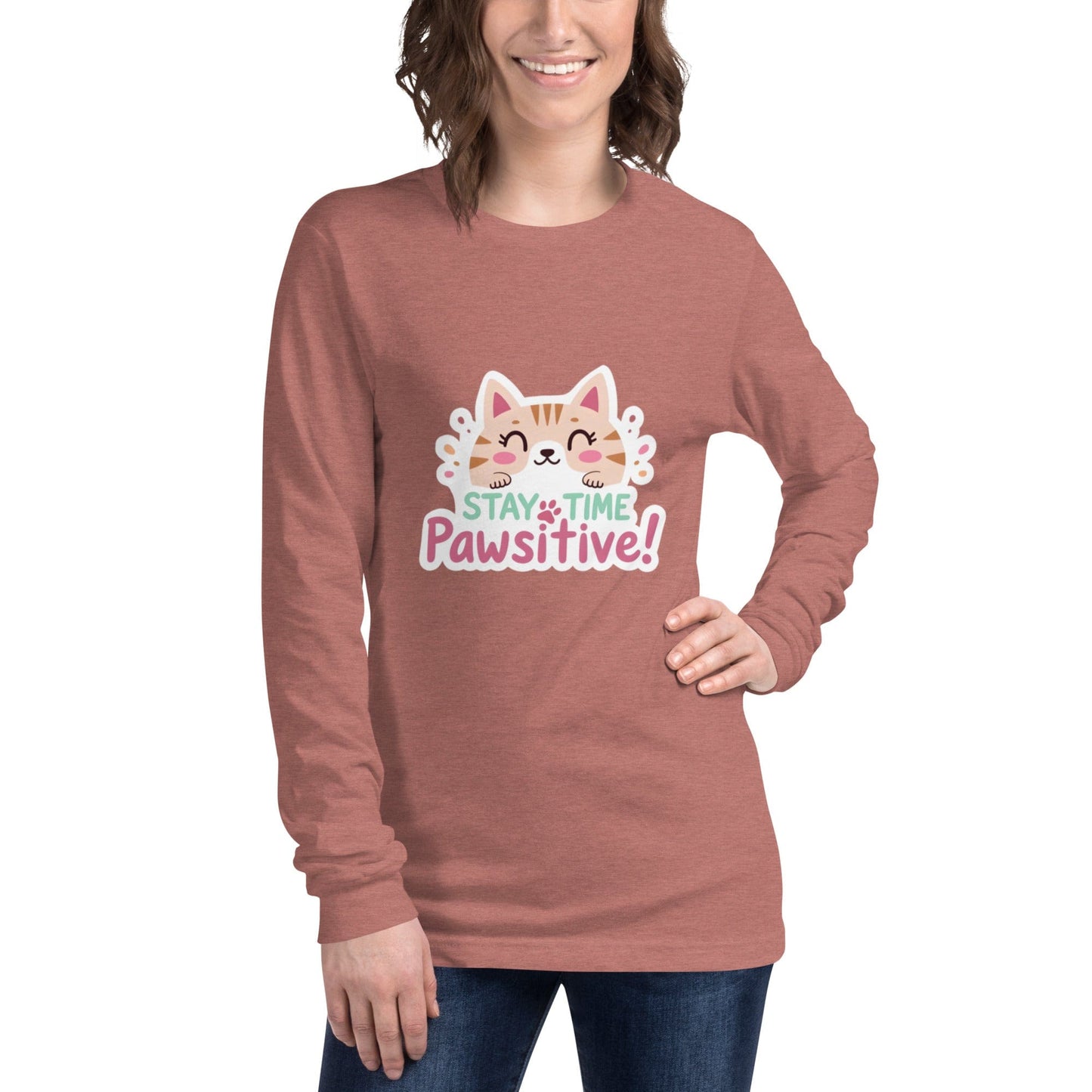 Stay Pawsitive Long - Sleeve Shirt - Cute Cat Lover Tee | ccanvas - T-Shirt | Ccanvas