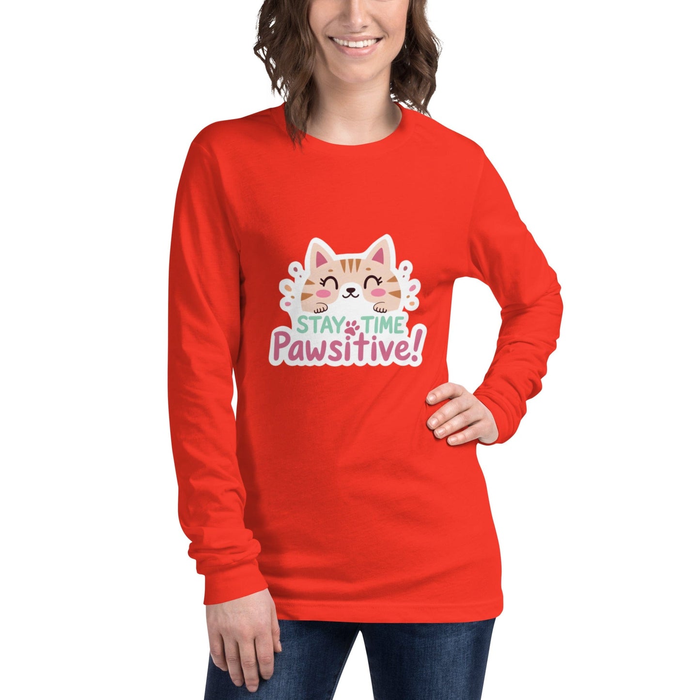 Stay Pawsitive Long - Sleeve Shirt - Cute Cat Lover Tee | ccanvas - T-Shirt | Ccanvas