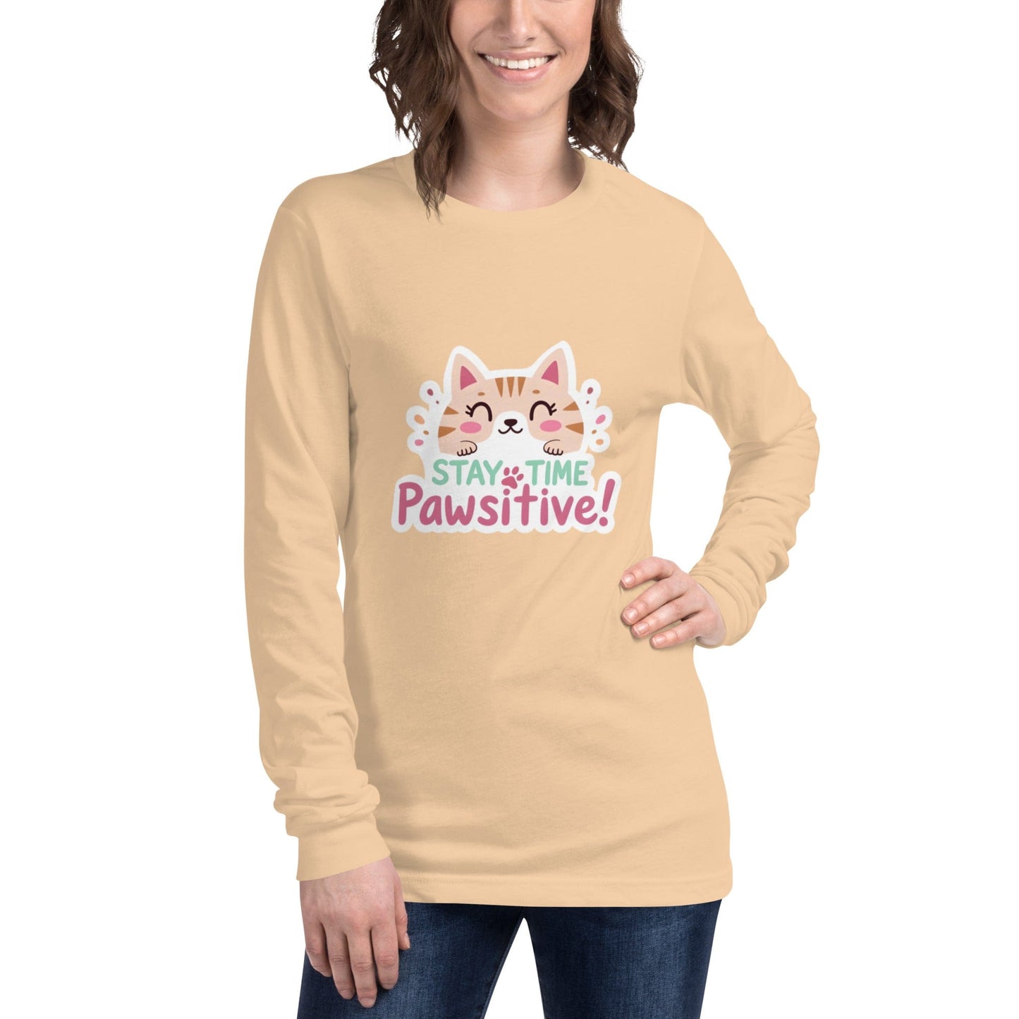 Stay Pawsitive Long - Sleeve Shirt - Cute Cat Lover Tee | ccanvas - T-Shirt | Ccanvas