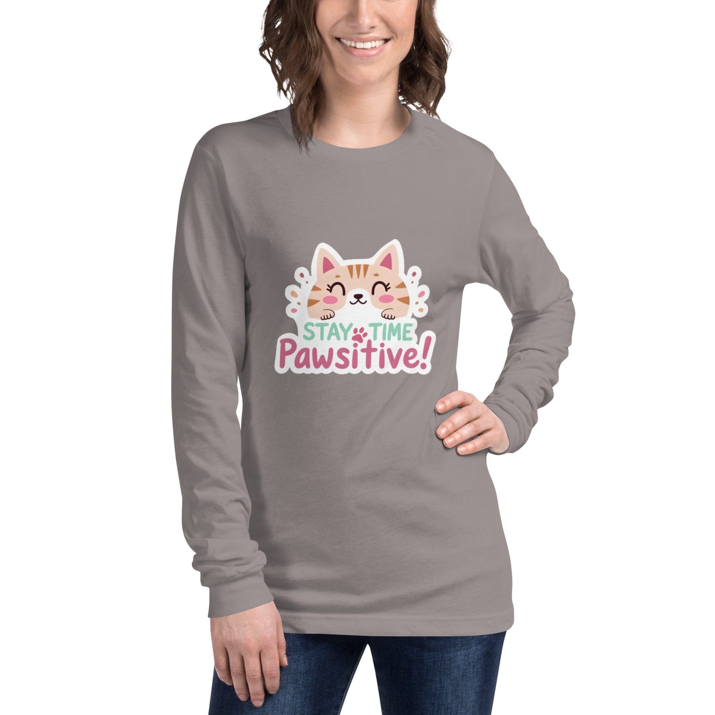Stay Pawsitive Long - Sleeve Shirt - Cute Cat Lover Tee | ccanvas - T-Shirt | Ccanvas