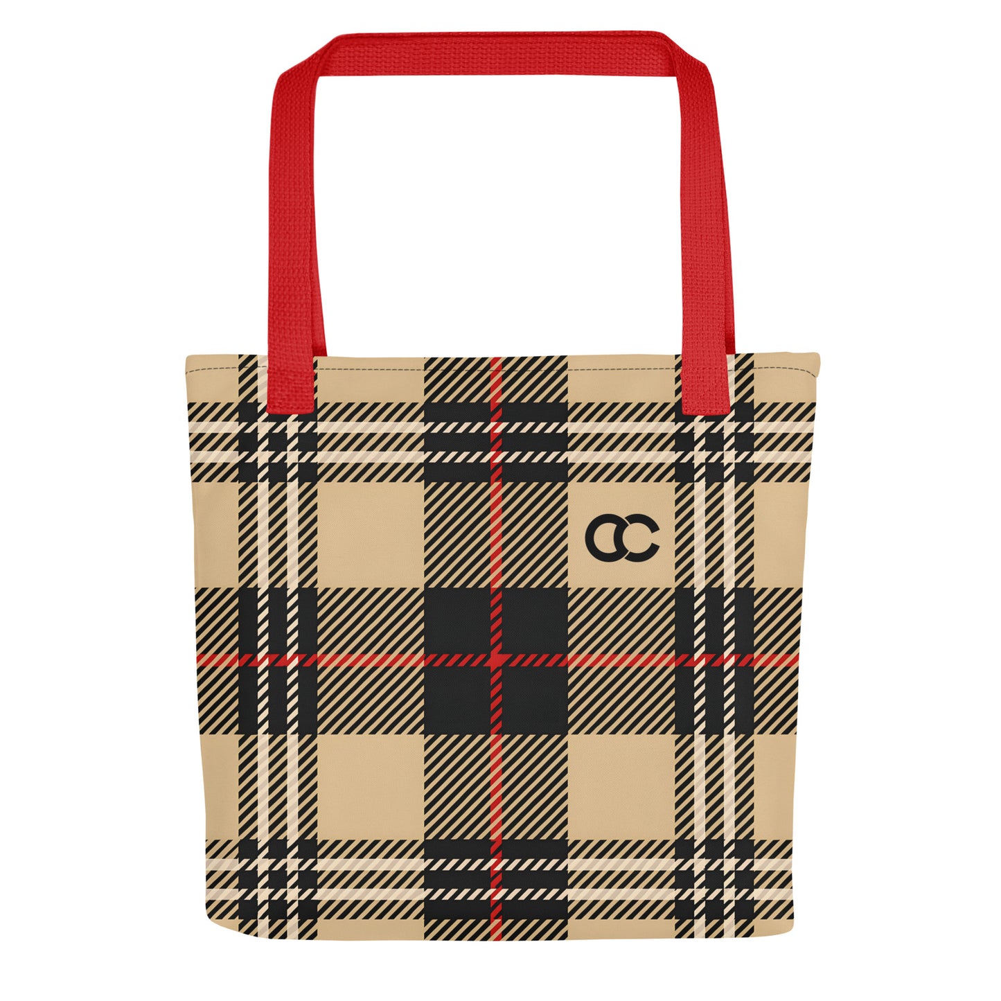 Classic beige and black plaid tartan tote bag with bold red handles and minimalist CC monogram on heavyweight cotton canvas by CCANVAS.