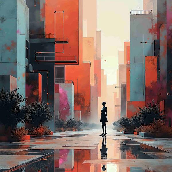 Digital art of a lone figure in a colorful urban street with reflections – ccanvas