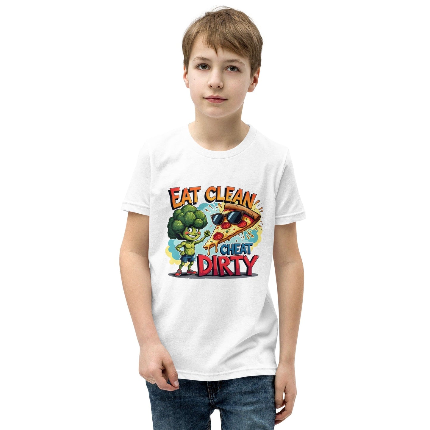 Eat Clean Cheat Dirty Kids T-Shirt – Funny Broccoli & Pizza Graphic Tee | ccanvas - Kids T-Shirts | Ccanvas