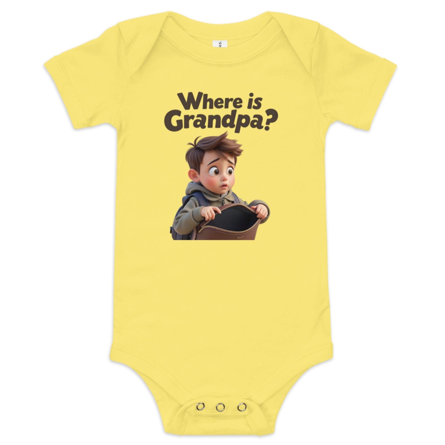 Yellow baby onesie with funny cartoon baby illustration and “Where’s Grandma?” slogan ccanvas
