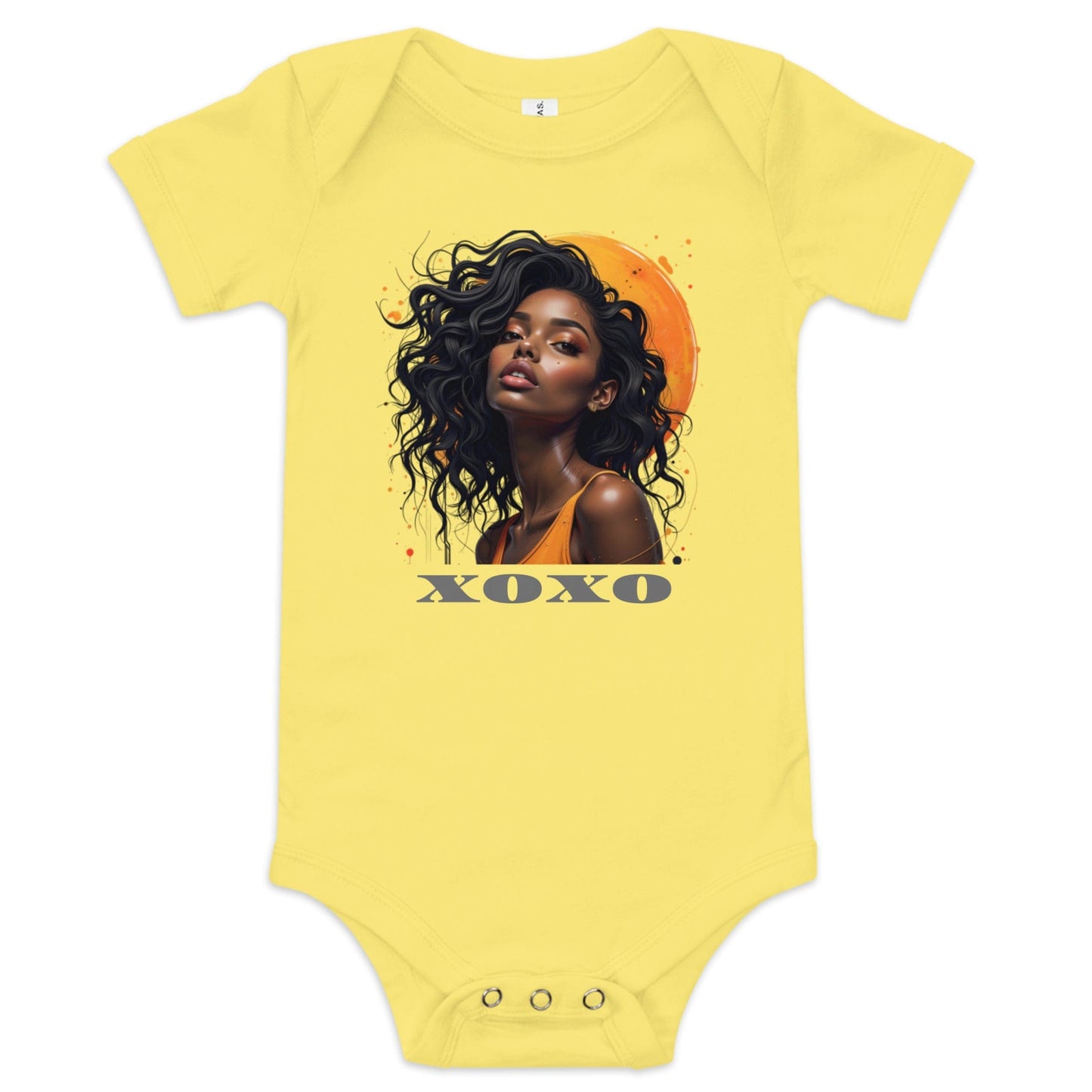 Yellow baby onesie with crowned cat illustration and oversized sunglasses in playful royal style ccanvas
