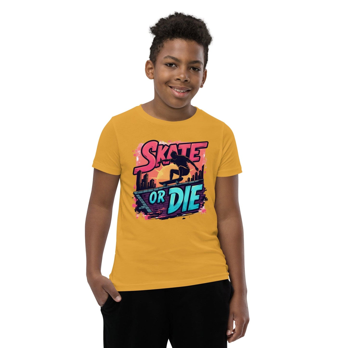 Boy wearing Skate or Die kids yellow T-shirt with comic-style skateboarding graphic – ccanvas