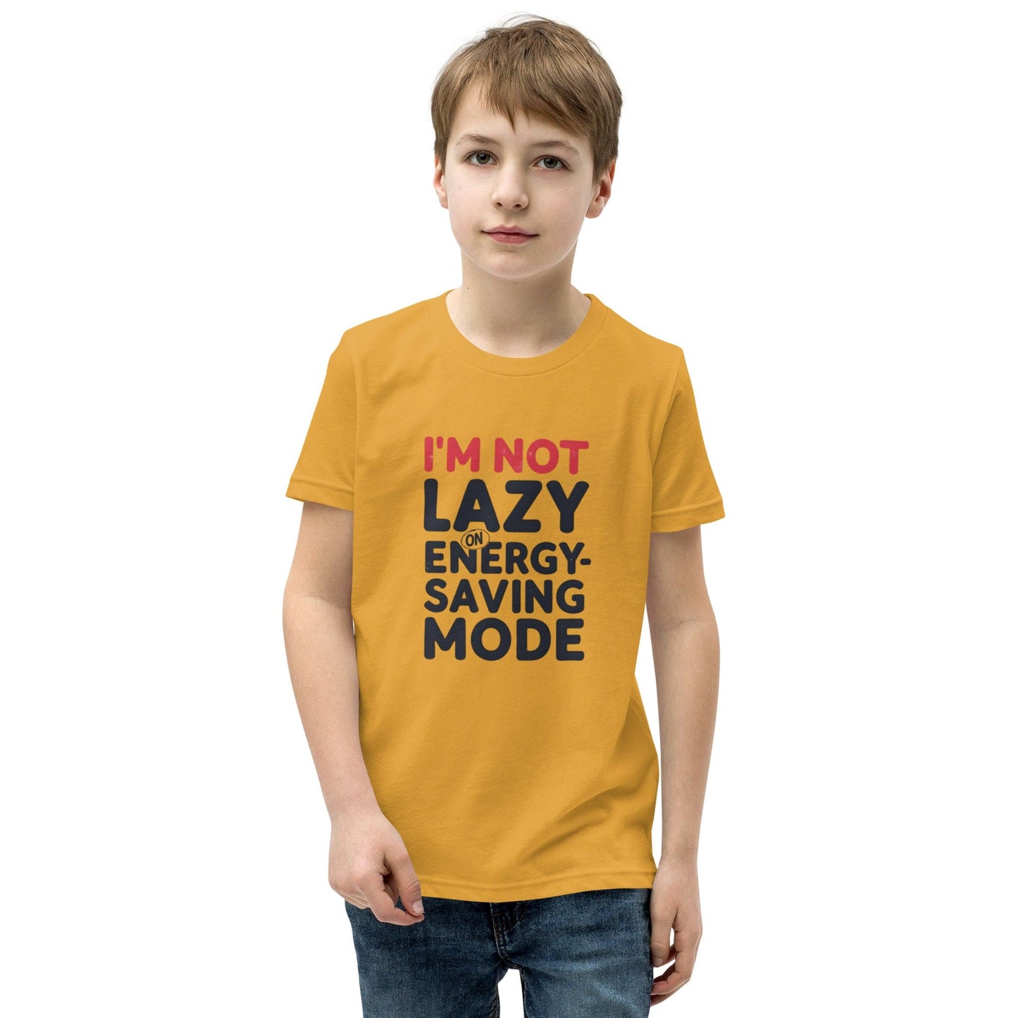 Boy wearing a yellow T-shirt with bold quote “I’m not lazy – I’m on energy-saving mode” in red and black print – ccanvas