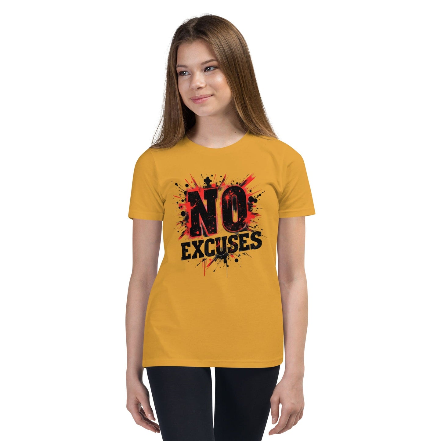 Teen girl wearing a yellow T-shirt with “No Excuses” text and red-black paint splash design – ccanvas