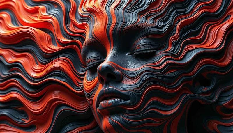 Abstract portrait of a Black woman in flowing red neon waves – surreal modern art print | ccanvas