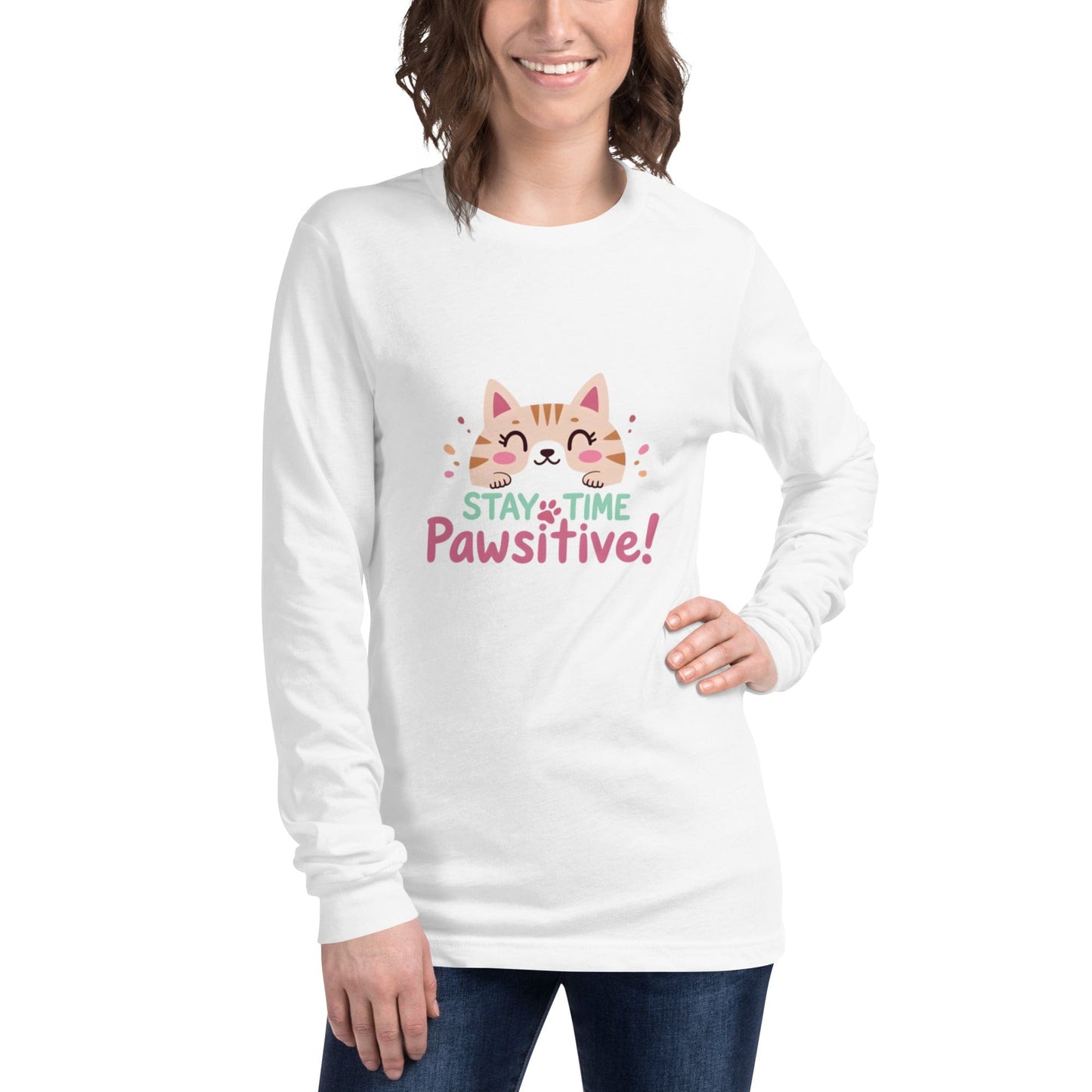 Stay Pawsitive Long - Sleeve Shirt - Cute Cat Lover Tee | ccanvas - T-Shirt | Ccanvas