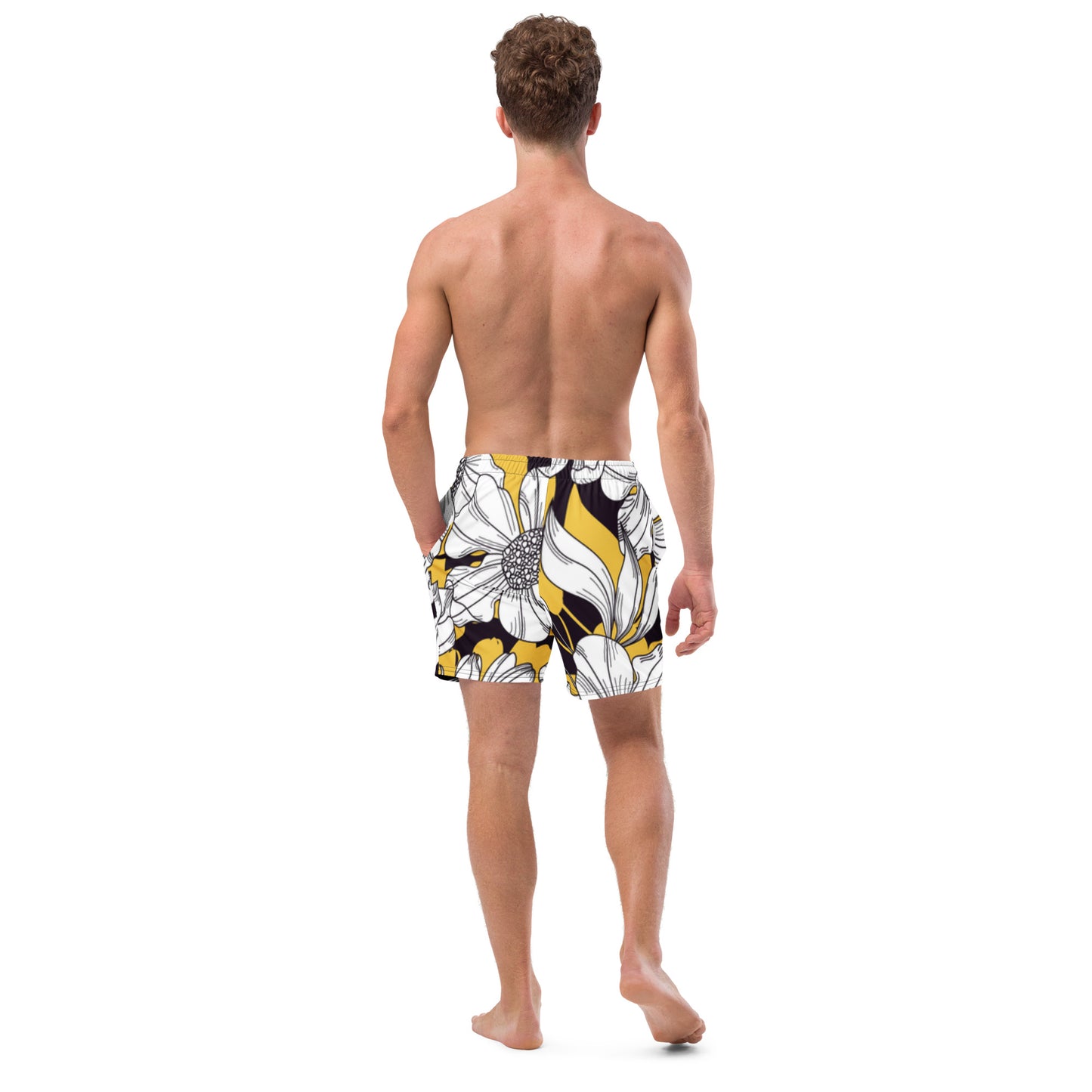 Rear view of men's Ethereal Bloom swim shorts highlighting the secure back pocket and high-quality floral print by CCANVAS.