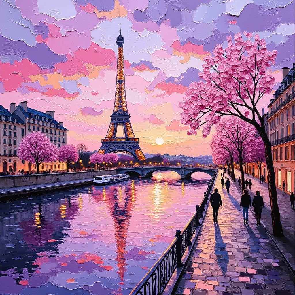 Eiffel Tower Sunset – Digital Art Print with Spring Cherry Blossoms | Ccanvas