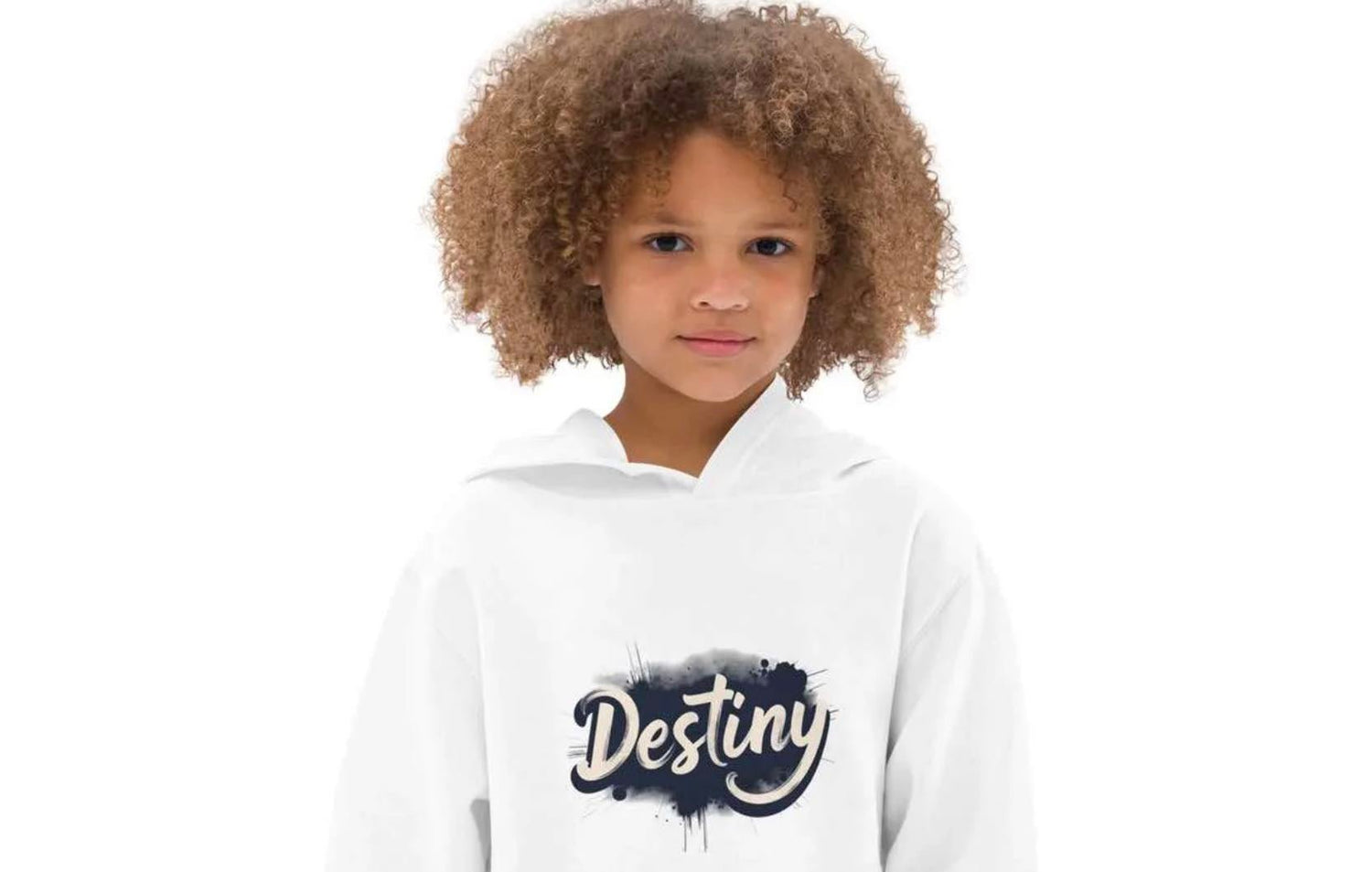 Smiling boy in white “Destiny” hoodie from Ccanvas Kids Hoodie Collection – bold graphic streetwear built for comfort and play