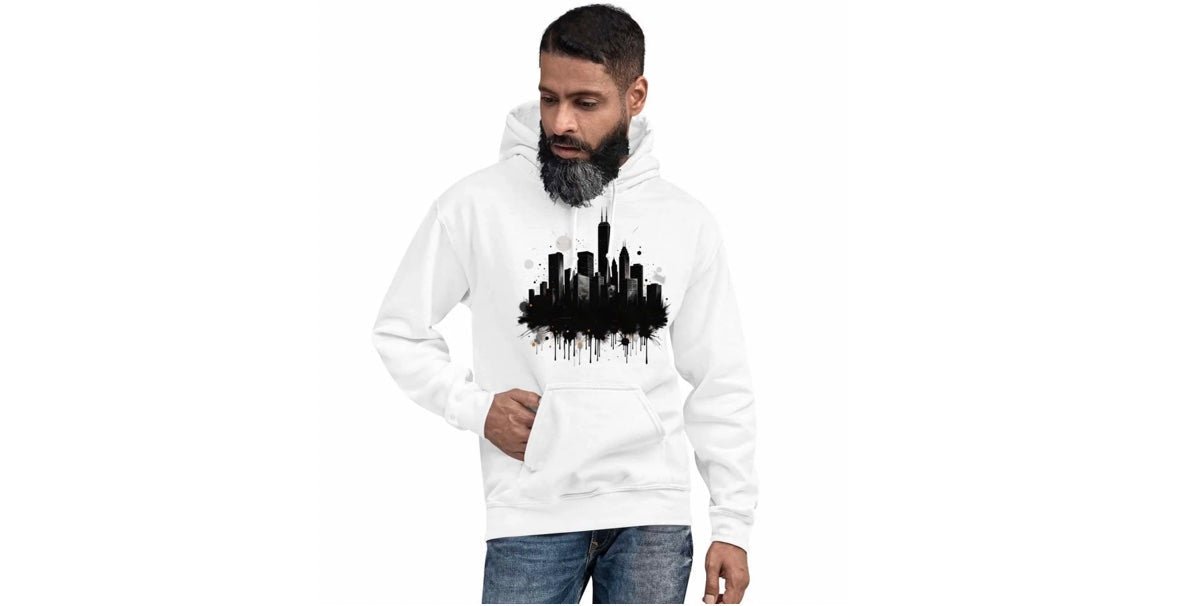 Man wearing white streetwear hoodie with bold black city skyline print – ccanvas men’s fashion