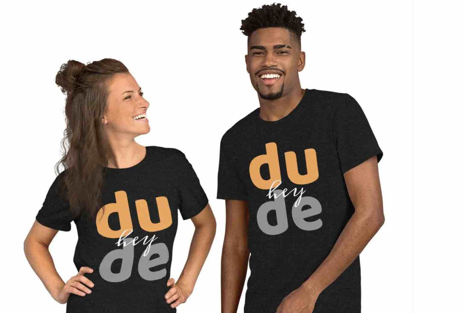 Smiling man and woman wearing matching black T-shirts with bold yellow “dude” slogan – ccanvas slogan apparel