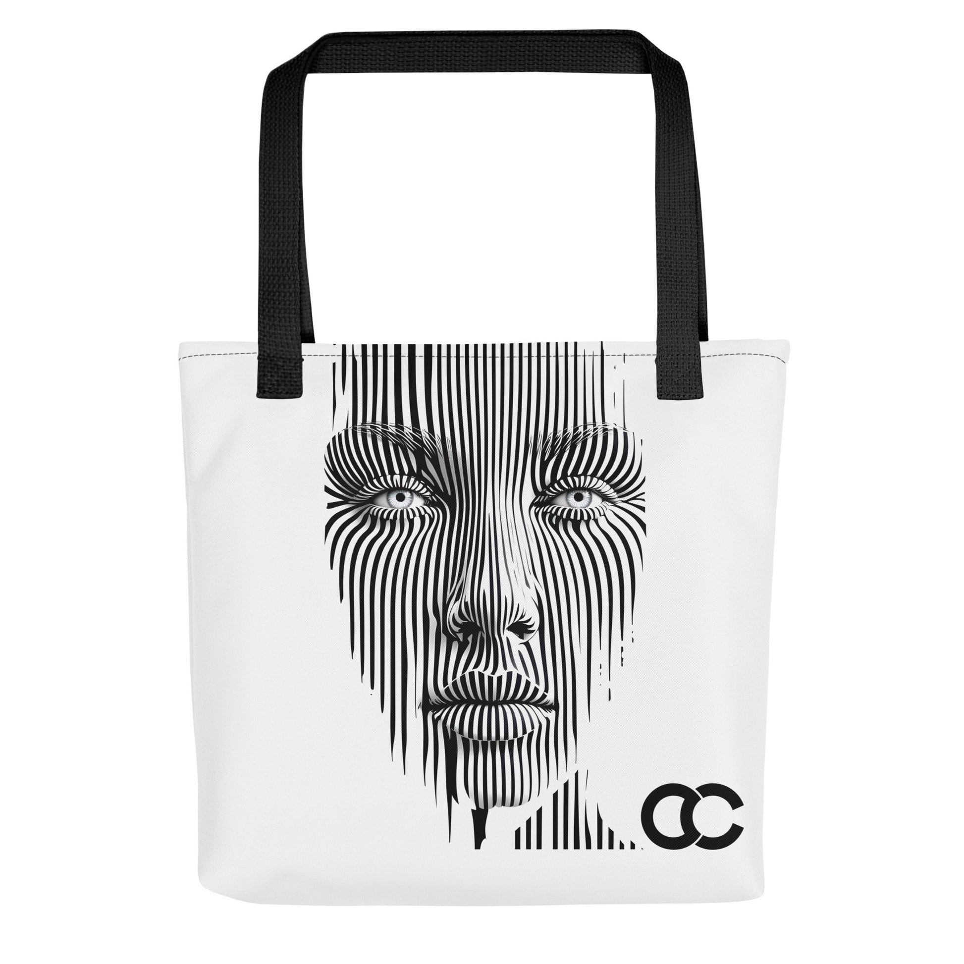 White tote bag with warped black face print and ccanvas logo