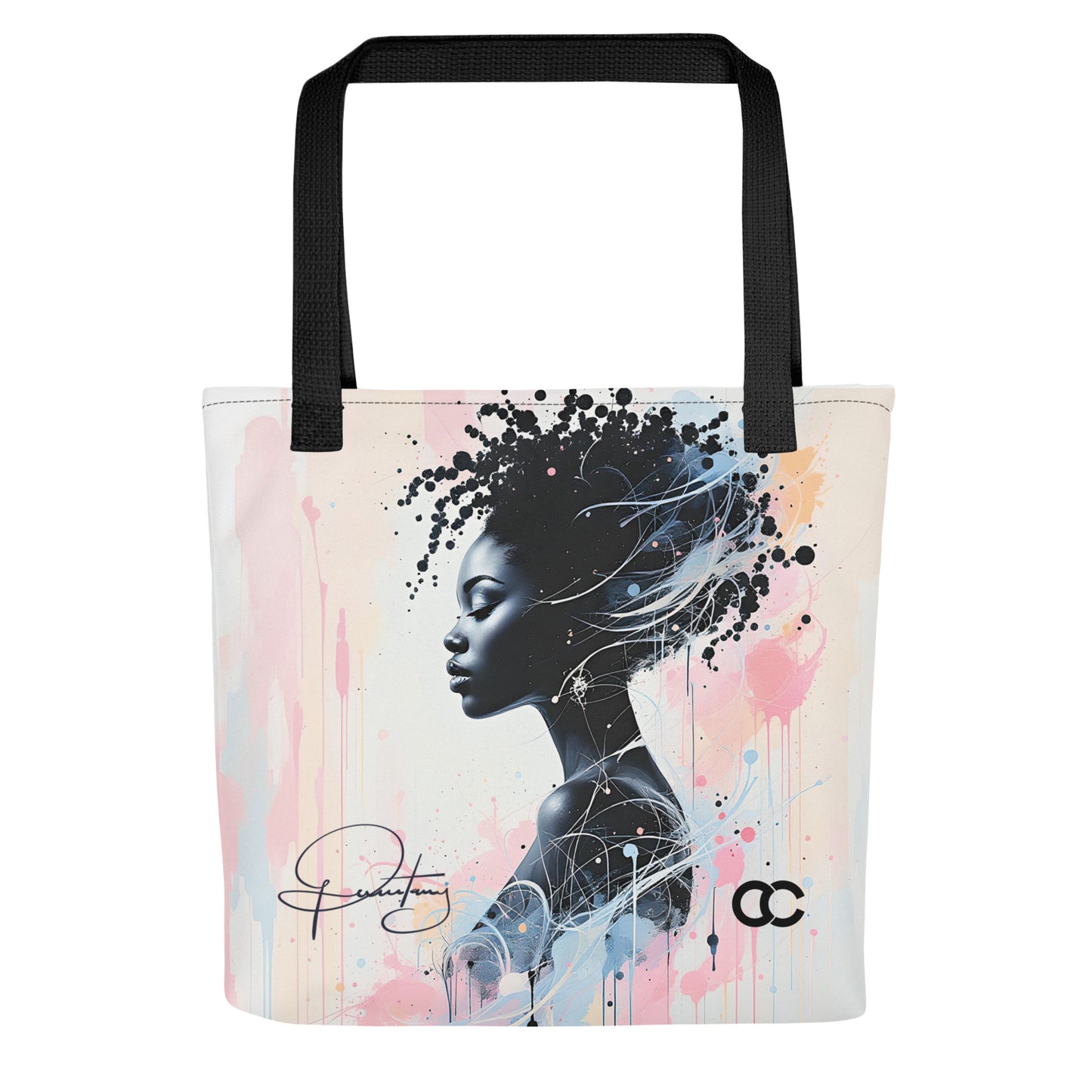 White tote bag with side-profile portrait of a Black woman and flowing watercolor ink details in pink and blue