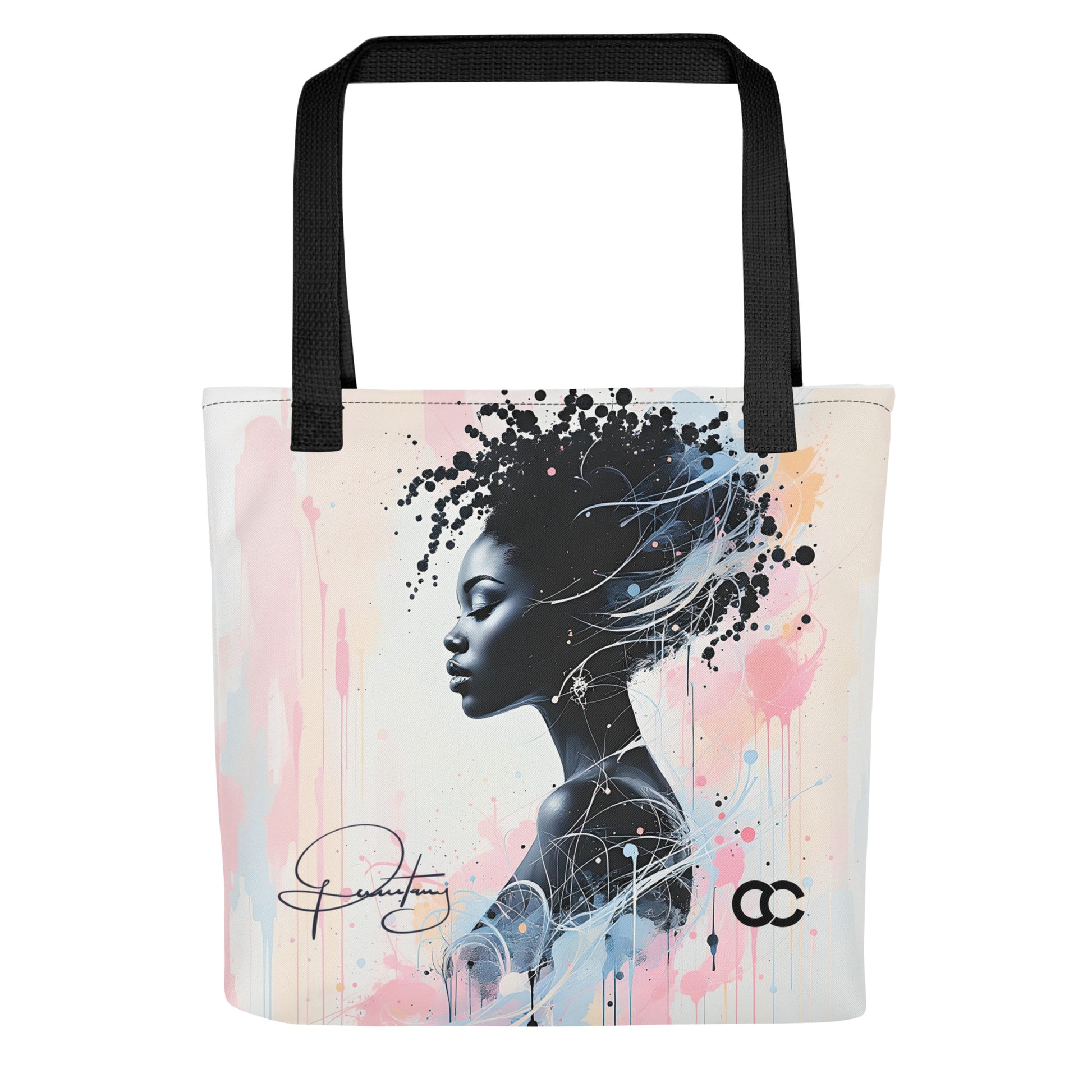 White tote bag with side-profile portrait of a Black woman and flowing watercolor ink details in pink and blue