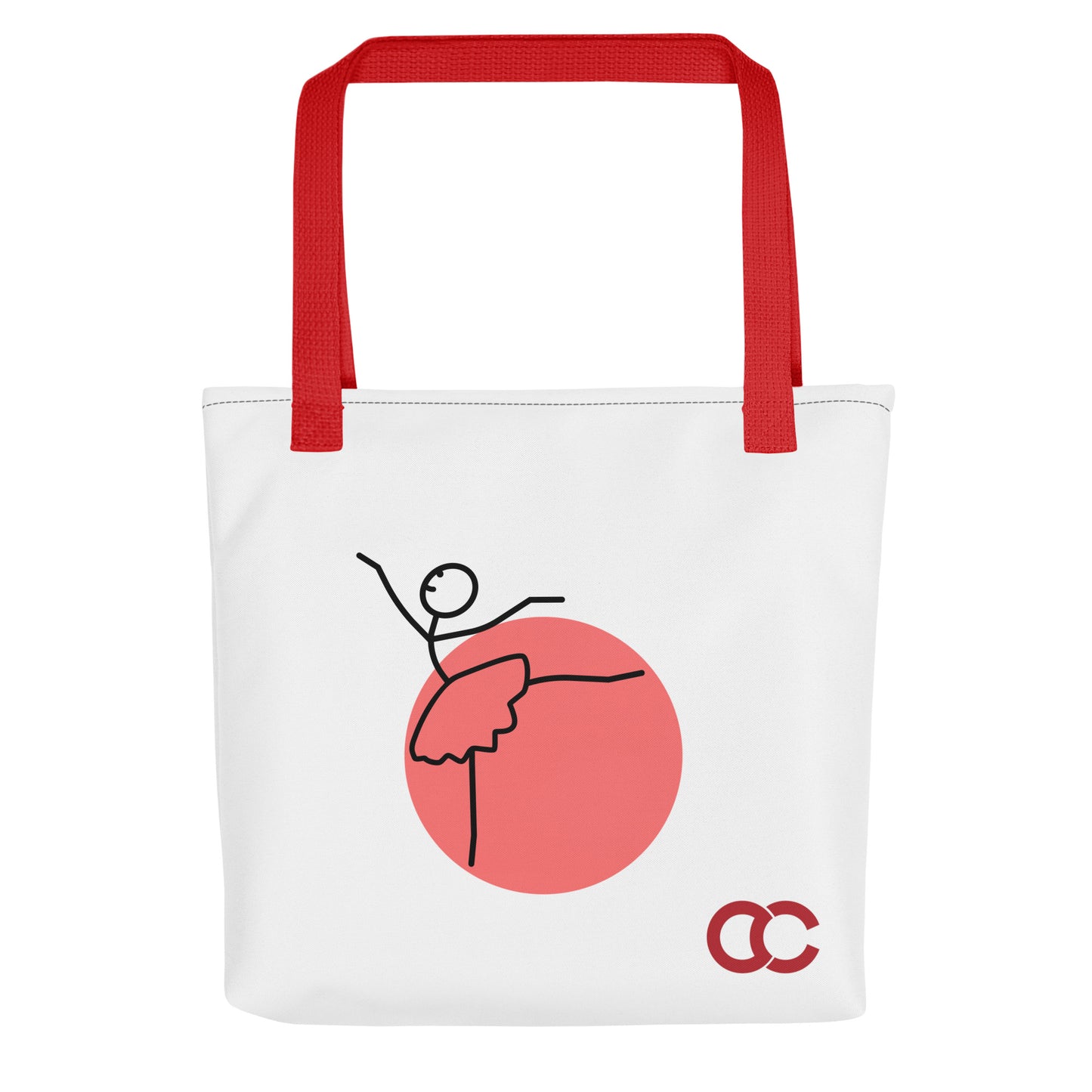 Minimalist stick-figure ballerina dancing in front of a red sun on a white heavyweight cotton tote with red handles by CCANVAS.

