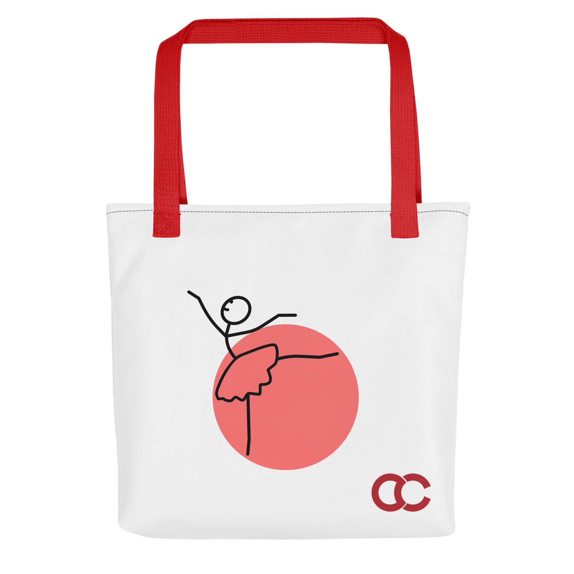 Minimalist stick-figure ballerina dancing in front of a red sun on a white heavyweight cotton tote with red handles by CCANVAS.
