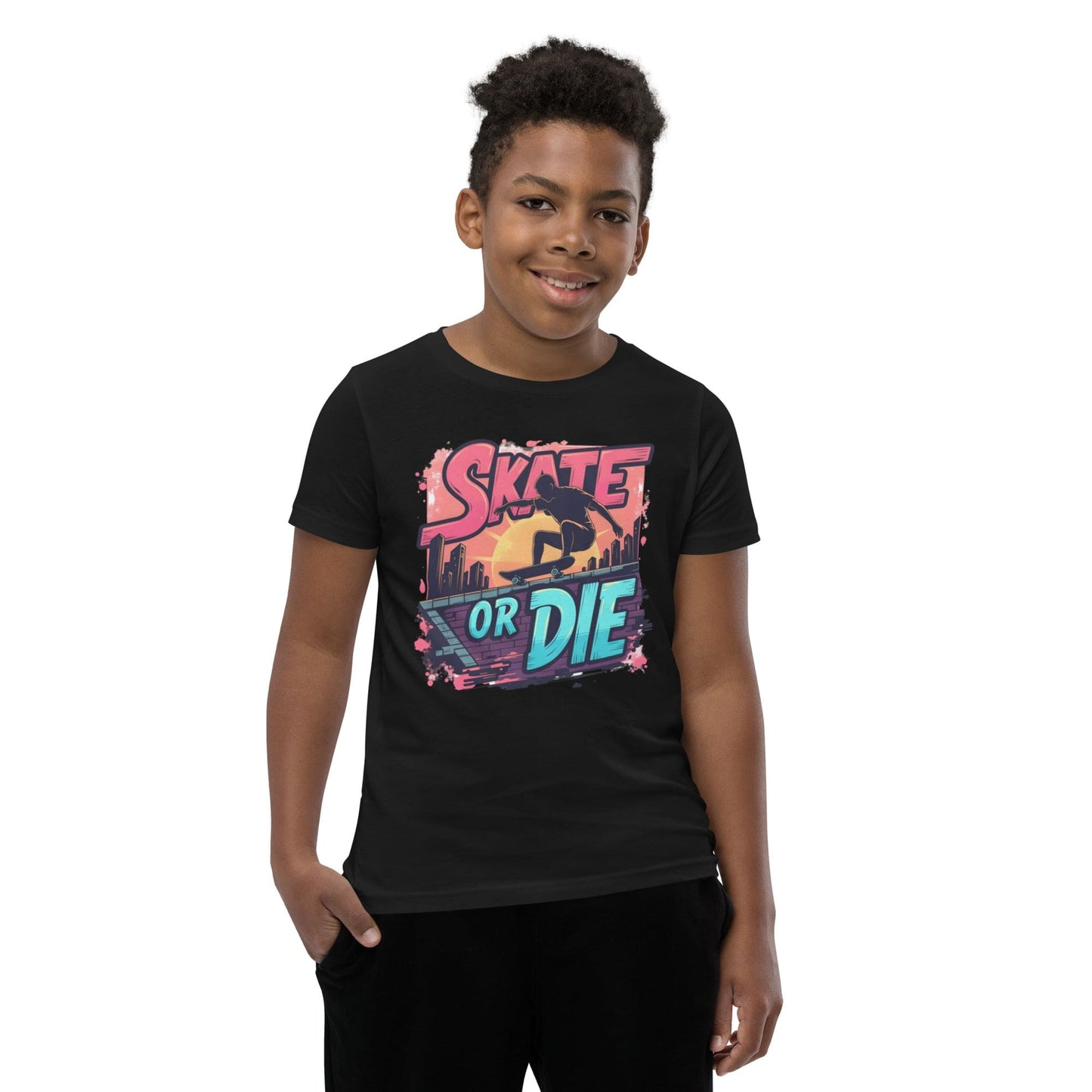 Boy wearing Skate or Die kids black T-shirt with comic-style skateboarding graphic – ccanvas