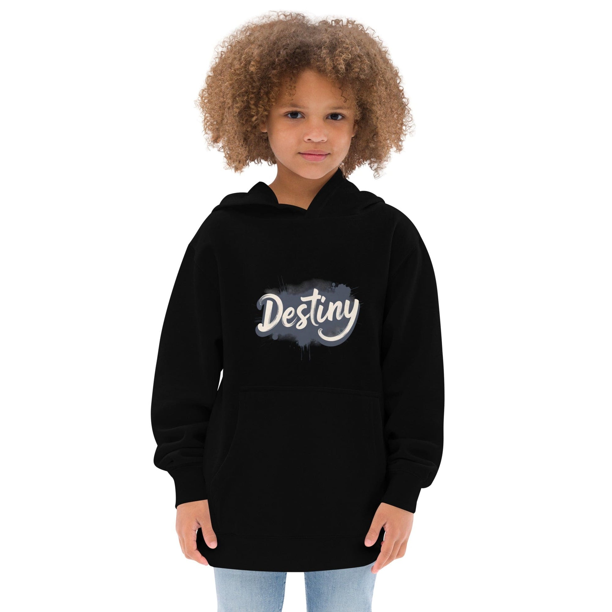 Child wearing black  hoodie with brush-style “Destiny” name design in bold black ink splash print ccanvas