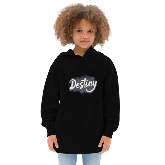 Child wearing black  hoodie with brush-style “Destiny” name design in bold black ink splash print ccanvas