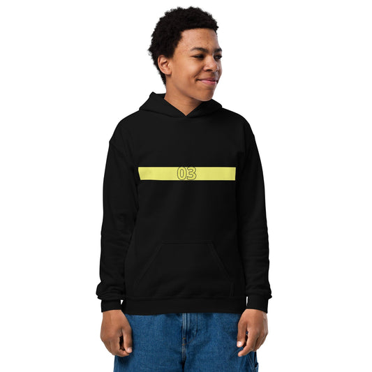 Black hoodie with yellow bar and number 03 on the front, worn by a boy by ccanvas