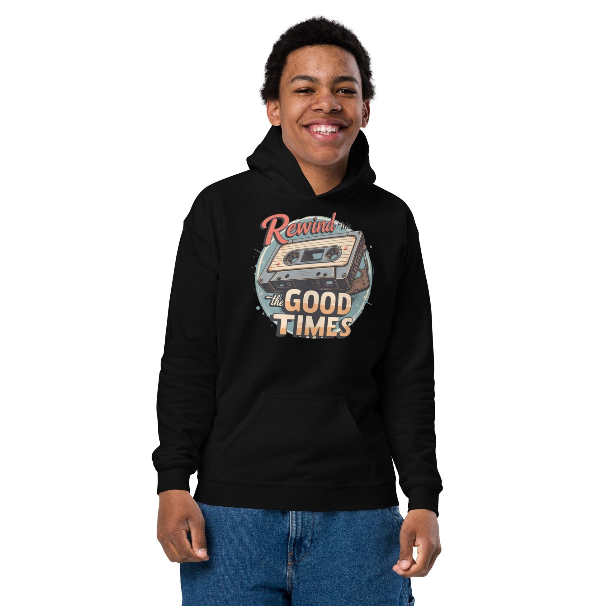 Teen smiling in black hoodie with vintage cassette and “Rewind the Good Times” text in retro ccanvas