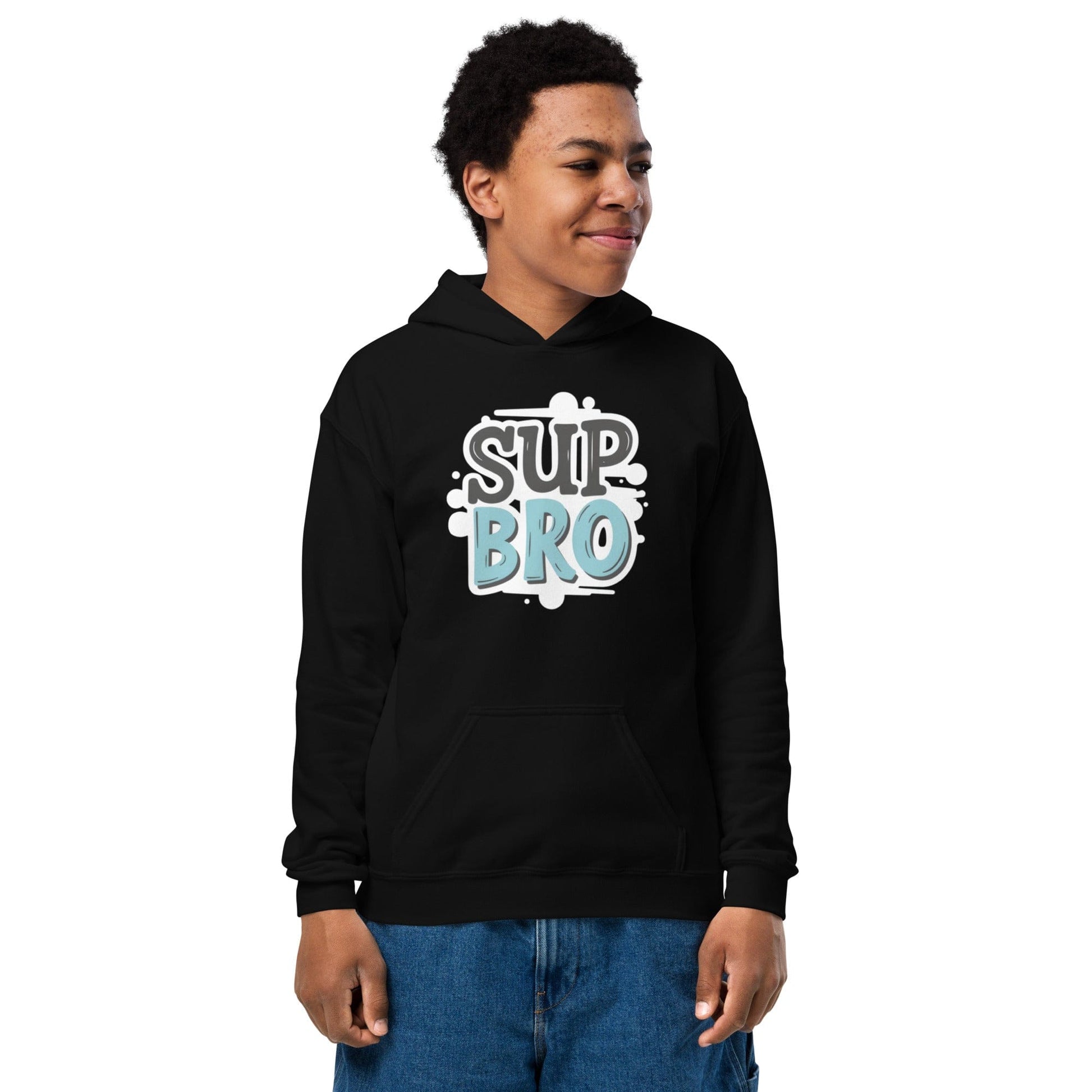Teen in black hoodie with comic-style “Sup Bro” slogan in teal and white over splash background ccanvas