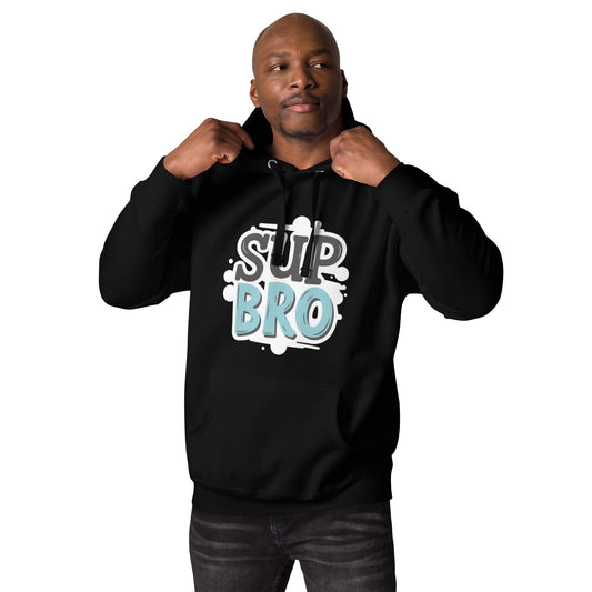 Man wearing black hoodie with bold “SUP BRO” comic-style text in teal and white y ccanvas