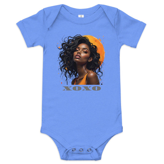Blue baby onesie with crowned cat illustration and oversized sunglasses in playful royal style