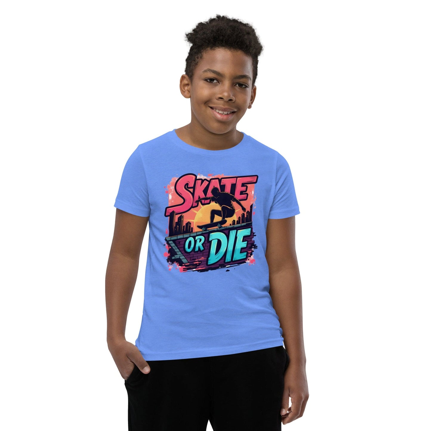 Boy wearing Skate or Die kids blue T-shirt with comic-style skateboarding graphic – ccanvas