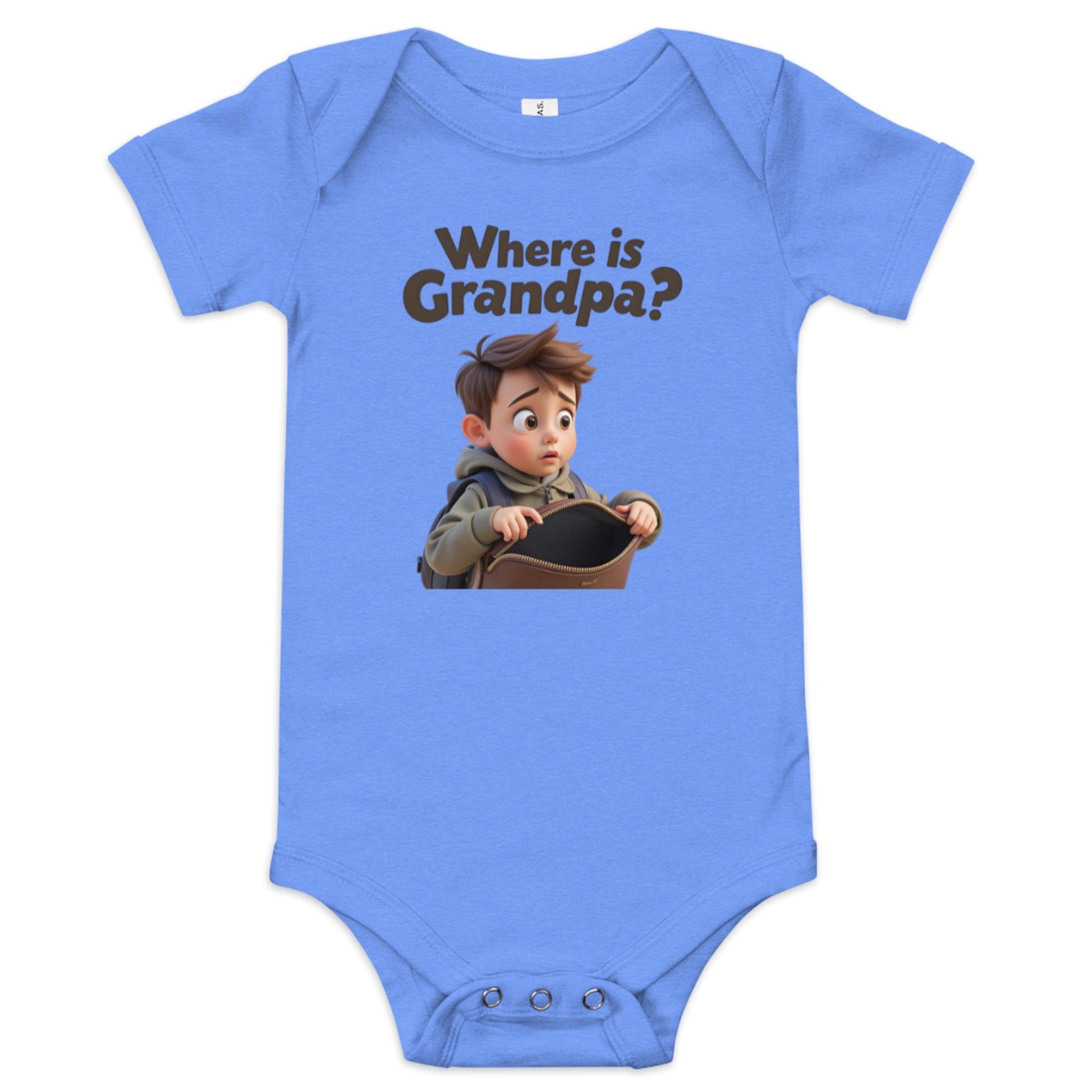 Blue baby onesie with funny cartoon baby illustration and “Where’s Grandma?” slogan ccanvas