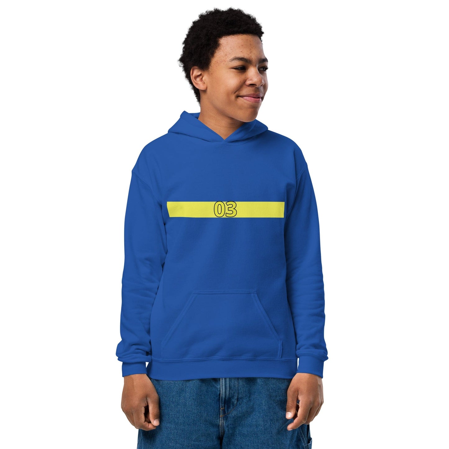 Blue hoodie with yellow bar and number 03 on the front, worn by a boy by ccanvas